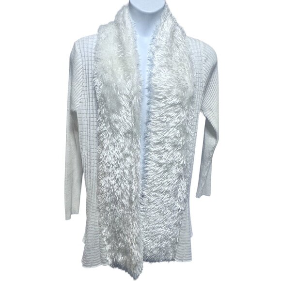 Lauren Michelle Ivory White Faux Fur Open Front Cardigan Size L Long Sleeve - Picture 1 of 11